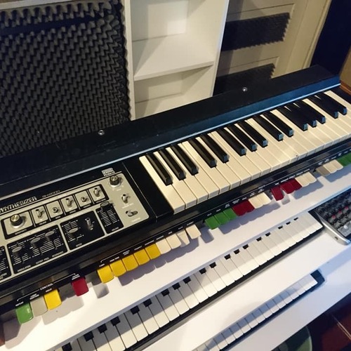 Photo of Roland SH-2000 in a studio and synths