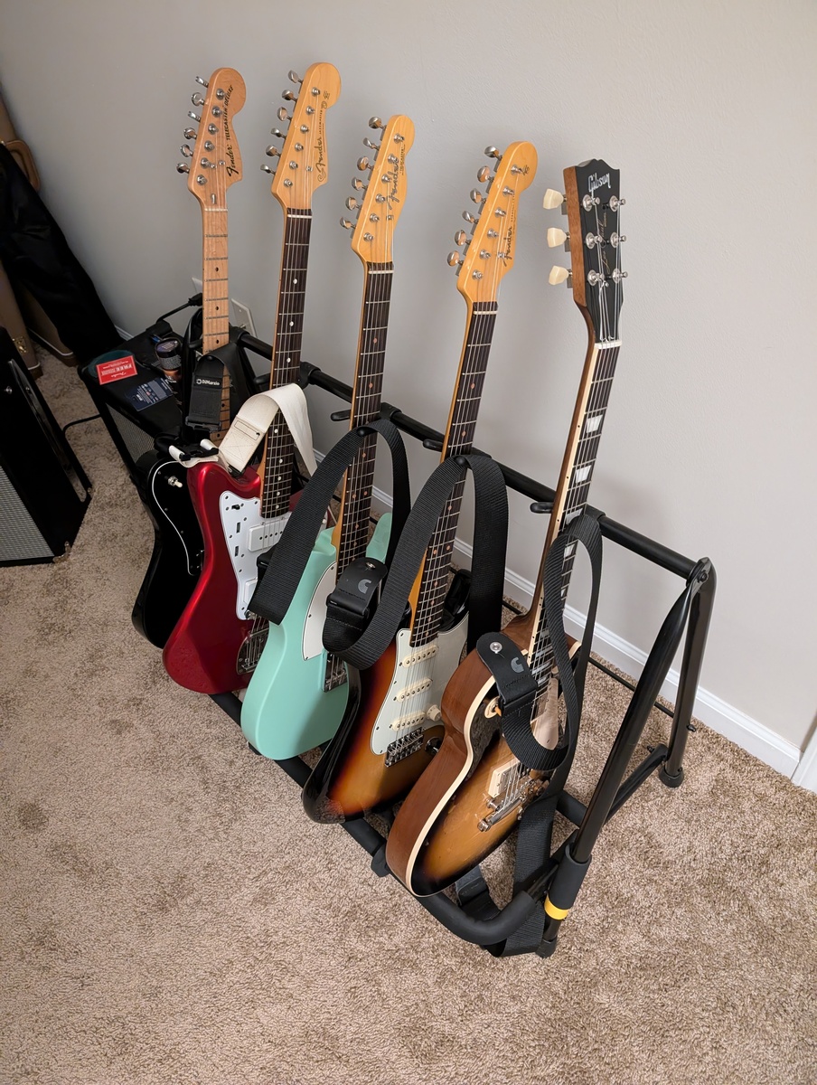 Fender Music Gear Setup by jkettlewell featuring Gibson Les Paul Standard 50s (2019 - 2022), Fender American Vintage II 1963 Telecaster Electric Guitar, and Fender American Vintage II 1961 Stratocaster and 3 more pieces of gear