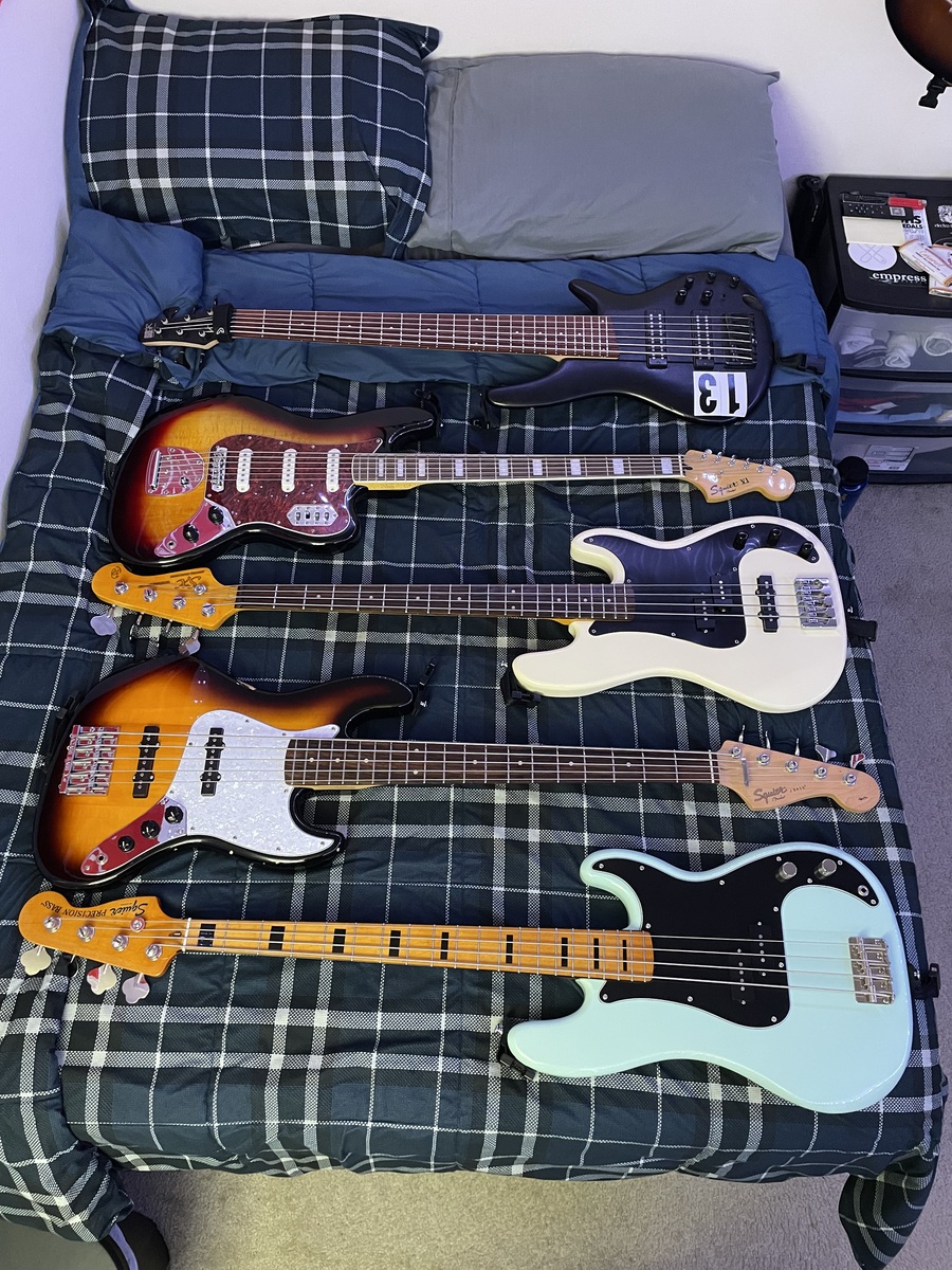 Metal Music Gear Setup by jdshamoun featuring Squier Jazz Affinity V, SX Guitars VTG SPJ62 Bass, and Squier Bass VI Vintage Modified and 2 more pieces of gear