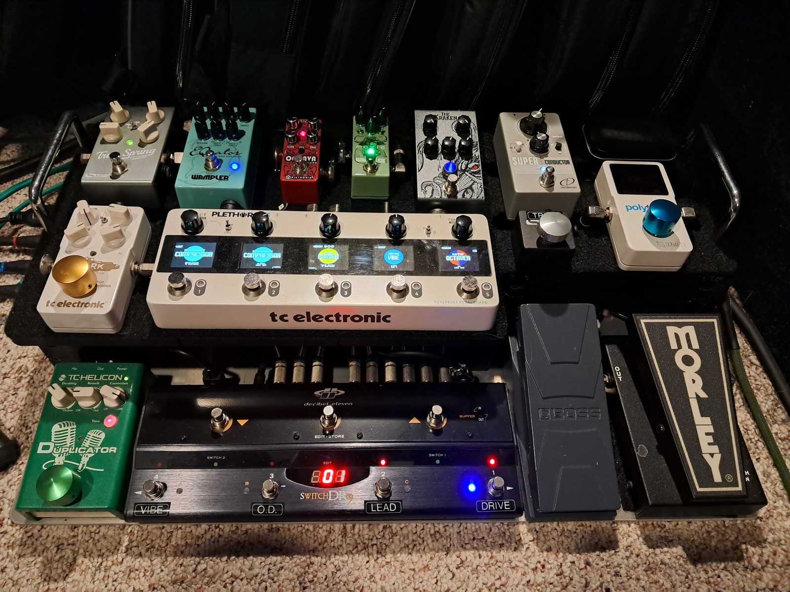 Metal Pedalboard by pinhead featuring TC Electronic PolyTune 3, Morley Mini Maverick Switchless Wah, and TC Electronic Plethora X5 Multi-Effects Pedal and 14 more pieces of gear