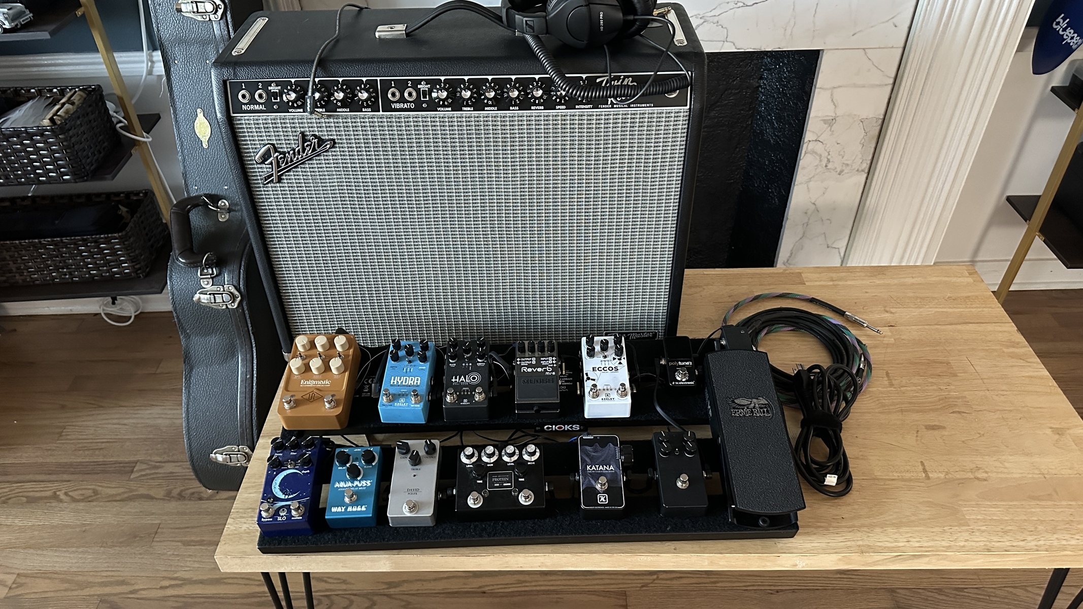 Pedalboard by jeremydavidson featuring Fender Tone Master Twin Reverb, Universal Audio Enigmatic '82 Overdrive Special Amplifier Pedal, and Keeley Hydra Stereo Reverb & Tremolo and 14 more pieces of gear