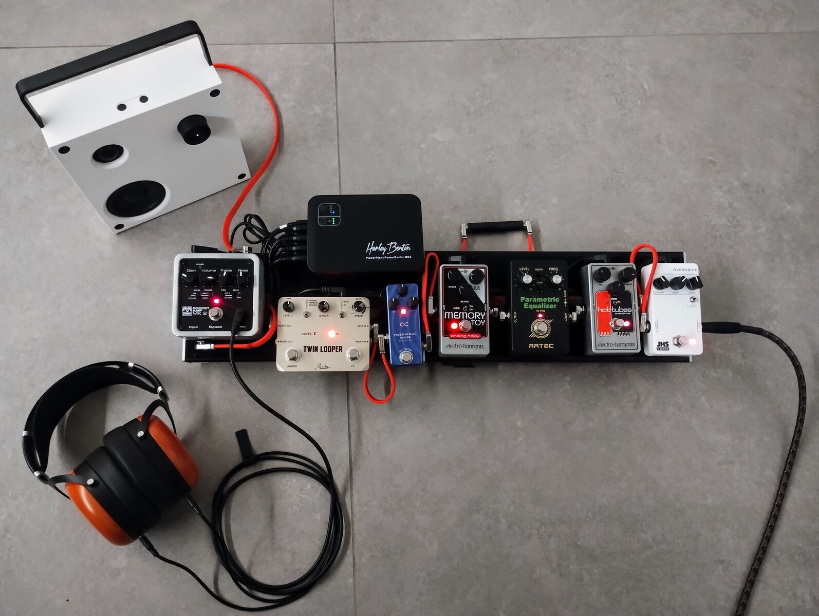 Pedalboard by sofamusician featuring JHS 3 Series Overdrive, Electro-Harmonix Hot Tubes Nano, and Artec Parametric Equalizer and 9 more pieces of gear
