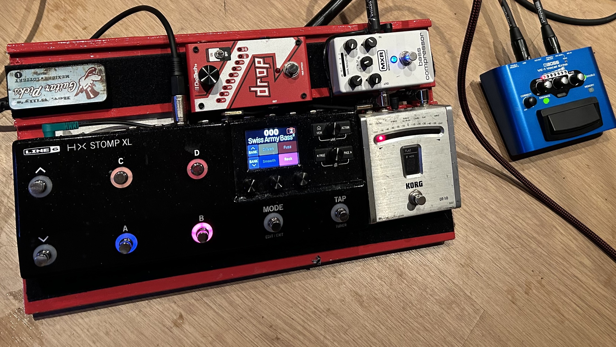 Metal Pedalboard by chrisdesign featuring Korg DT-10 Digital Pedal Tuner, Line 6 Hx Stomp XL, and DigiTech Drop and 4 more pieces of gear