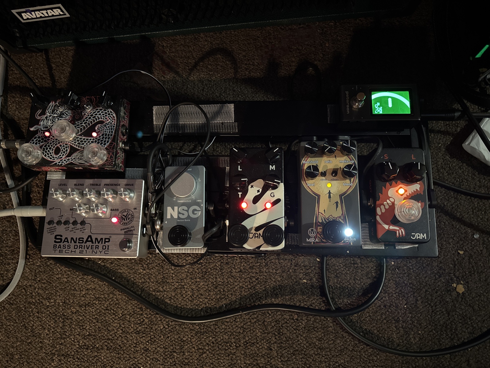 Country Pedalboard by dreamsx featuring Peterson StroboStomp Mini Pedal Tuner, Walrus Audio Mira Compressor Pedal, and JAM Pedals Bass Rattler and 4 more pieces of gear
