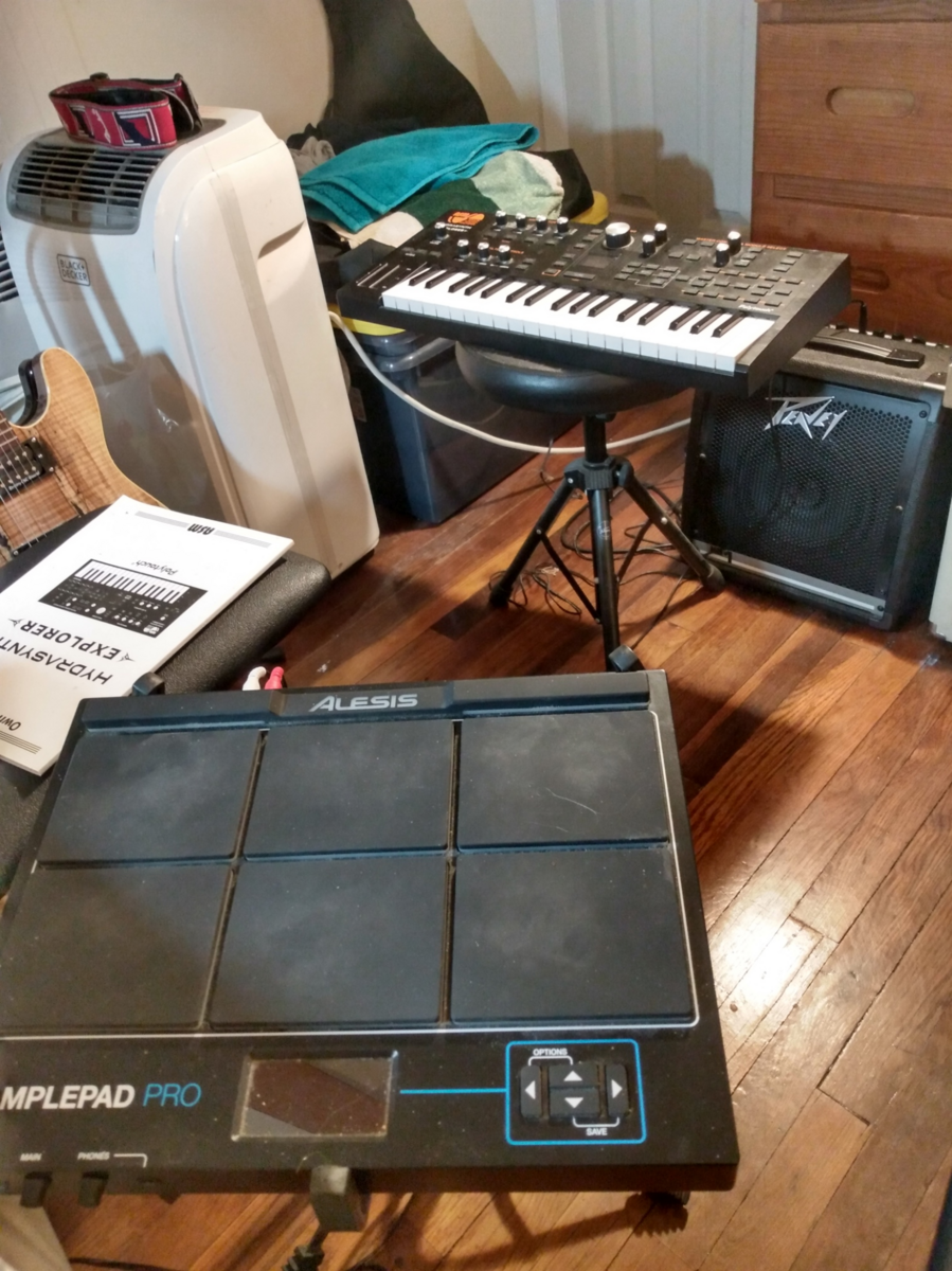 Electronic Studio Setup by rob_ettinger featuring Alesis SamplePad Pro, Peavey KB 1 - 20W 8" Keyboard Amp, and ASM Hydrasynth Explorer