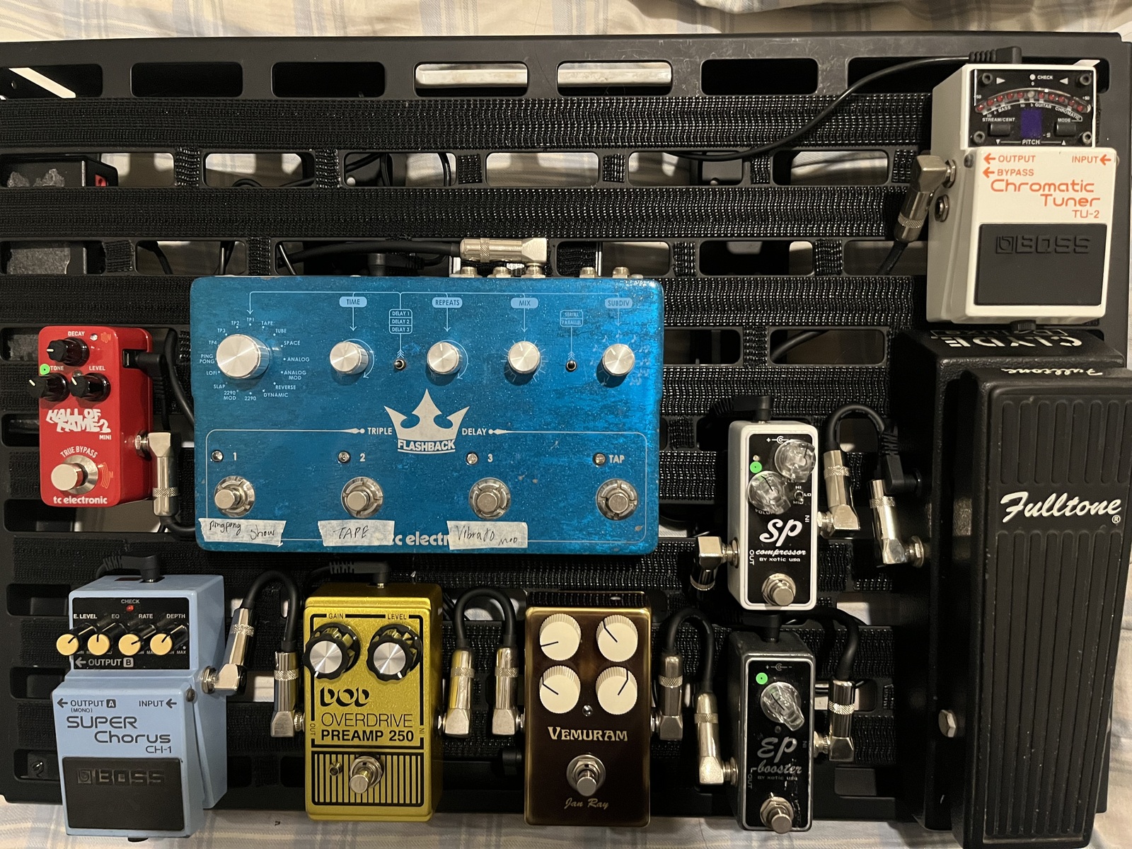 Pedalboard by tactiles featuring Xotic Effects EP Booster, Xotic Effects SP Compressor, and Fulltone Clyde Deluxe Wah and 8 more pieces of gear