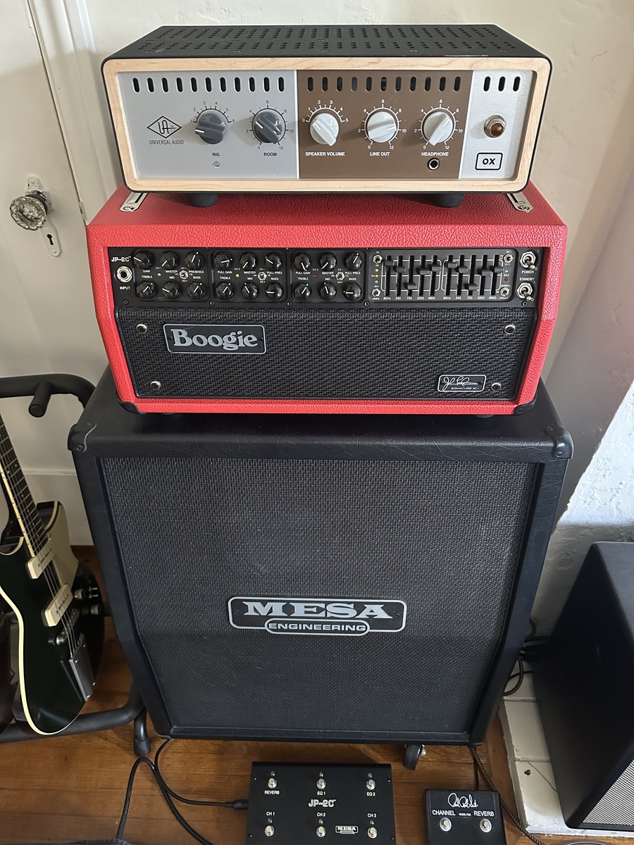 Metal Amp Rig by edgedancer featuring Mesa/Boogie JP-2C John Petrucci Signature 60/100-Watt Limited Edition Tube Head, Mesa/Boogie 2x12 Vertical Slanted Cab, and Universal Audio OX