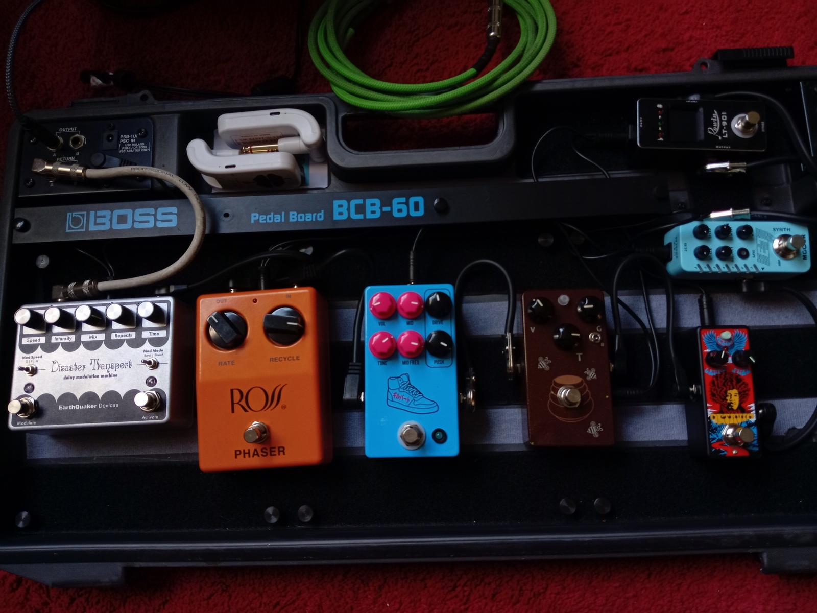 Pedalboard by juandres featuring Boss BCB-60, JHS PG-14 Paul Gilbert Signature, and EarthQuaker Devices Disaster Transport Legacy Reissue Delay Modulation Machine Delay Pedal and 2 more pieces of gear