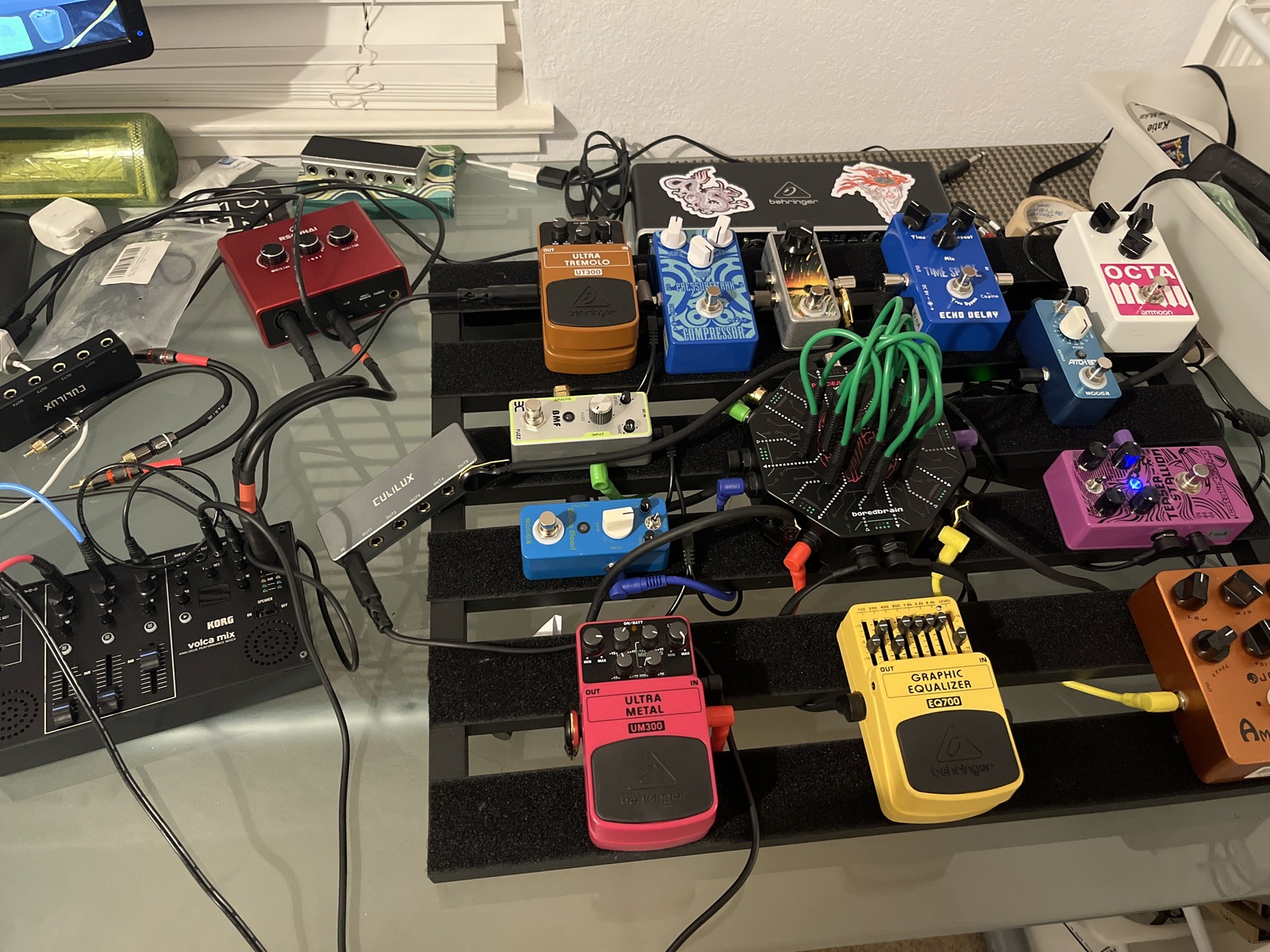 Pedalboard by lovely_listening_aster featuring STRICH MAX 22 Pedalboard, Cubilux 5-Way Quarter Inch Signal Splitter, and Behringer U-PHORIA UMC404HD and 27 more pieces of gear