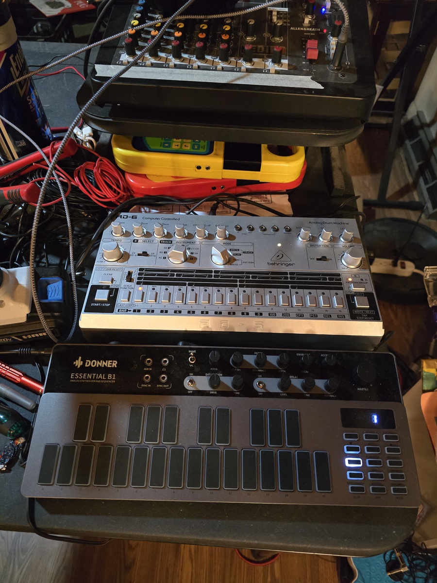 Synth Setup by matthew_shelley featuring Donner B1 Analog Bass Synthesizer, Behringer RD-6, and Allen & Heath ZEDi-10 and 1 more piece of gear