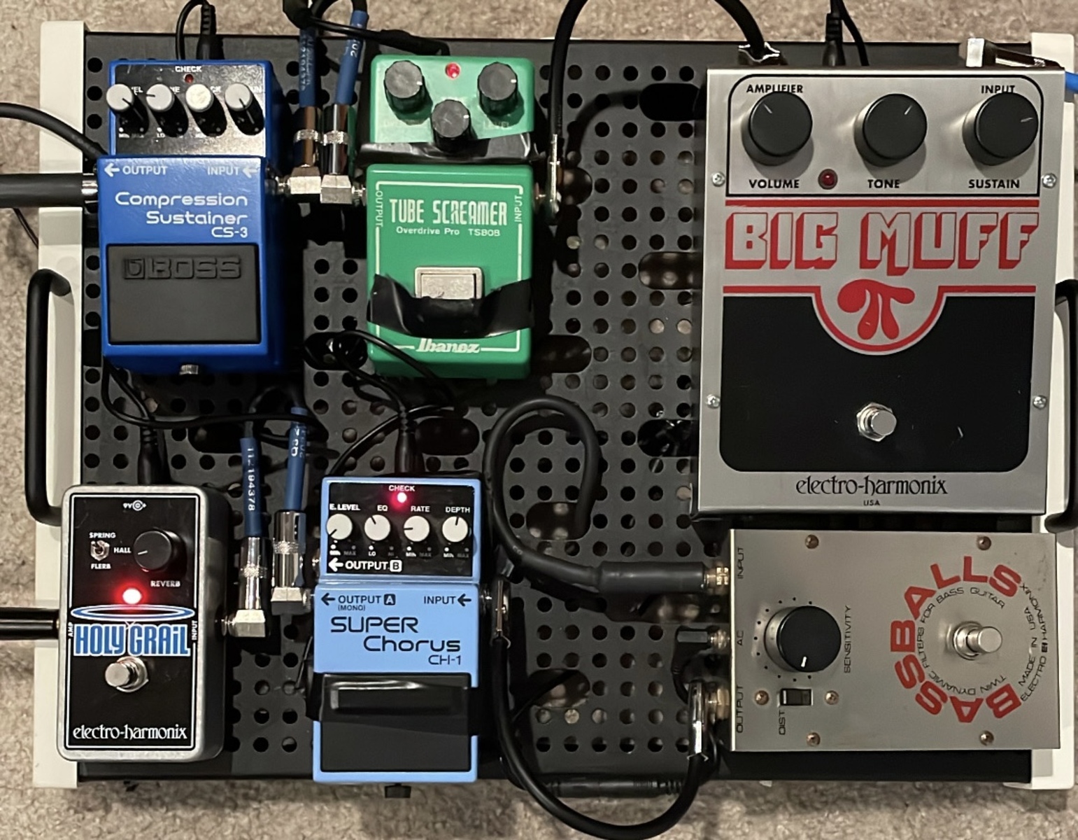Electro-Harmonix Pedalboard by parker_p featuring Electro-Harmonix Big Muff Pi, Ibanez TS808 Tube Screamer, and Boss CS-3 Compression Sustainer and 3 more pieces of gear
