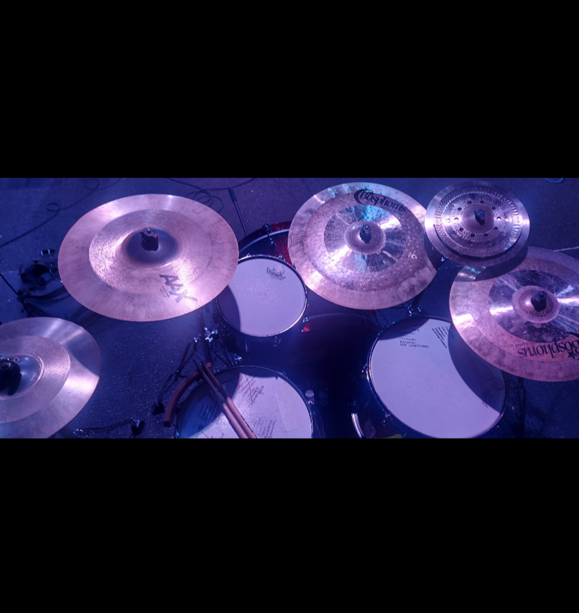 Sabian Drum Kit by emm featuring Sabian 14" Freq Hats, Sabian 16 inch AAX Freq Crash Cymbal, and Sabian 10" AA Mini Holy China and 3 more pieces of gear