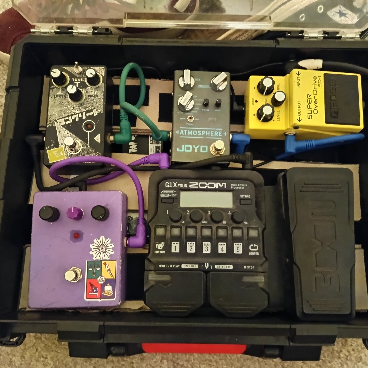 Pedalboard by ruidoblancooo featuring Boss SD-1 Super OverDrive, Joyo Atmosphere Reverb, and Zoom G1X Four and 1 more piece of gear