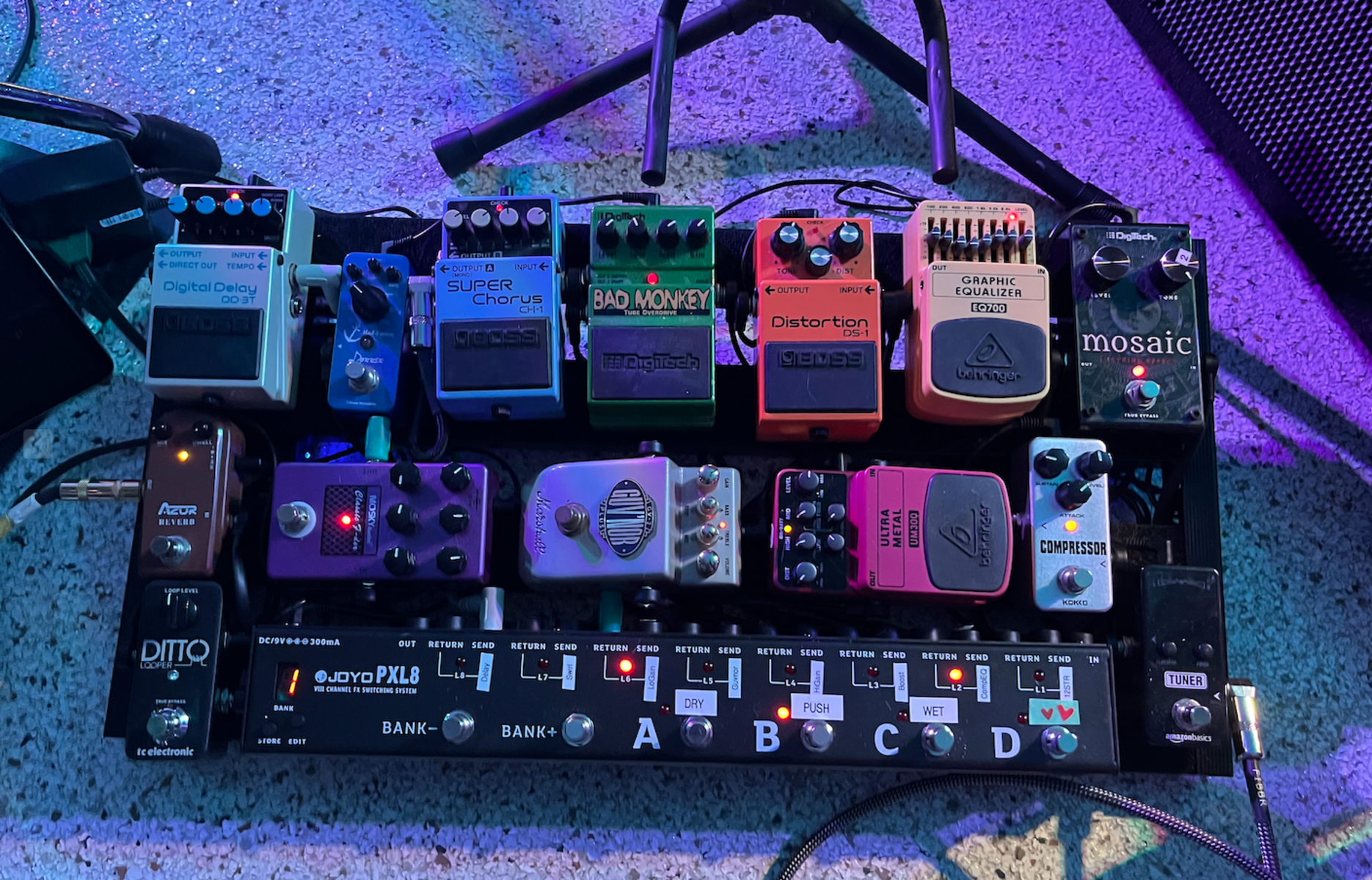Pedalboard by simon_j_dodd featuring Boss CH-1 Super Chorus, Boss DD-3T Digital Delay, and Donner Mod Square and 9 more pieces of gear