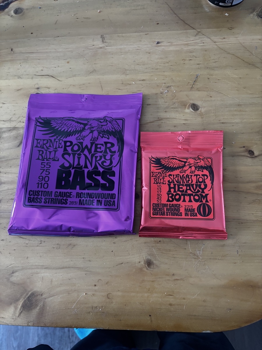 Metal Music Gear Setup by jxst_mania featuring Ernie Ball Skinny Top Heavy Bottom Slinky Guitar Strings (10-52) and Ernie Ball Power Slinky Bass Strings (55-110)