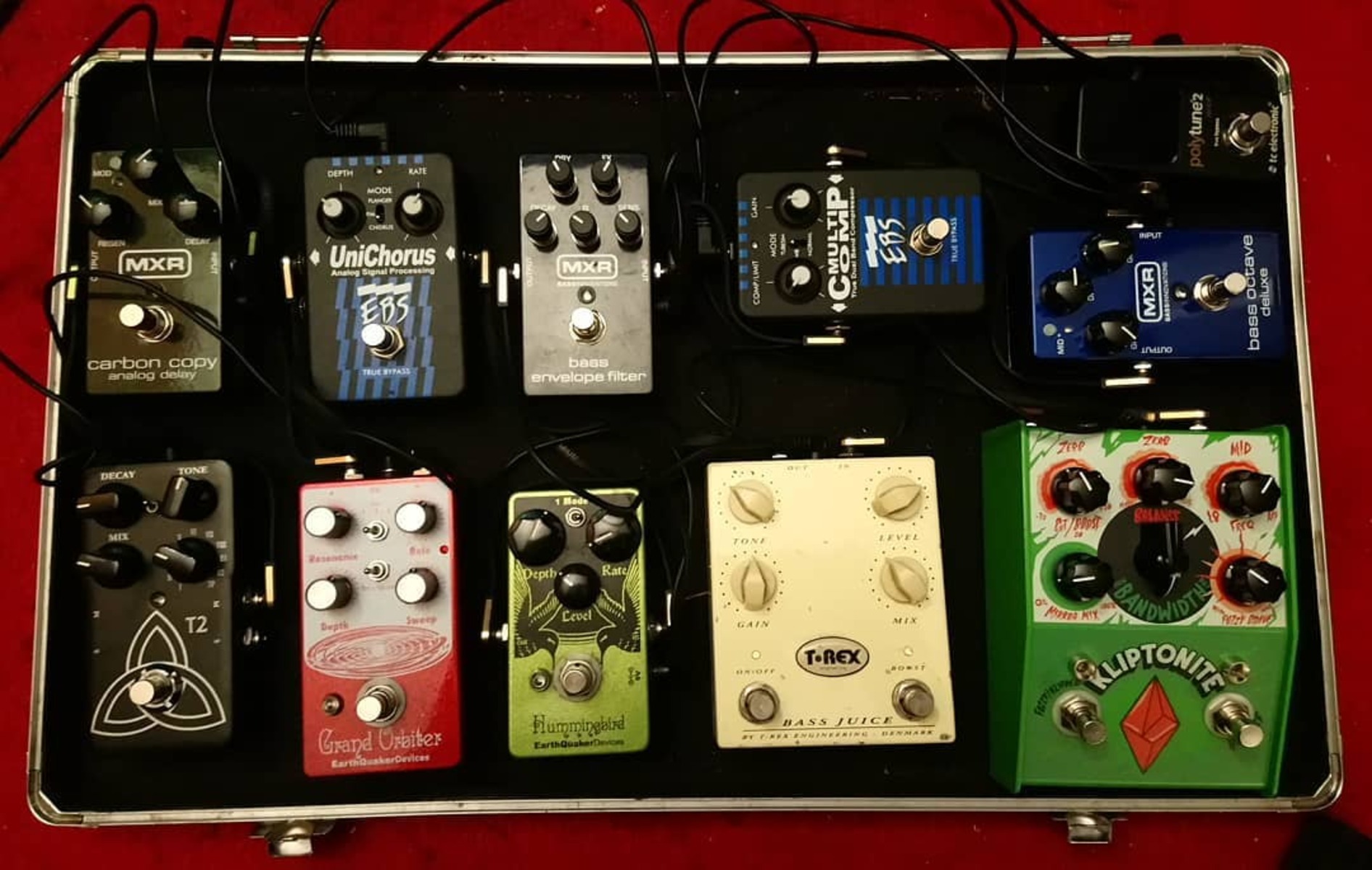 Metal Pedalboard by francibore featuring EBS MultiComp True Dual Band Compressor Pedal, MXR M82 Bass Envelope Filter, and MXR M288 Bass Octave Deluxe and 8 more pieces of gear