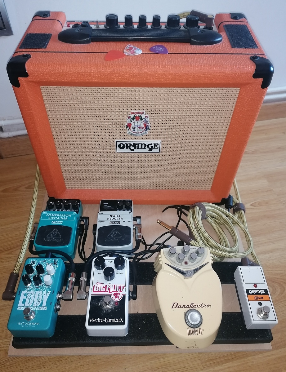 Pedalboard by jblaranya featuring Danelectro DO-1 Daddy O, Electro-Harmonix Nano Big Muff Pi, and Behringer NR300 Noise Reducer and 3 more pieces of gear