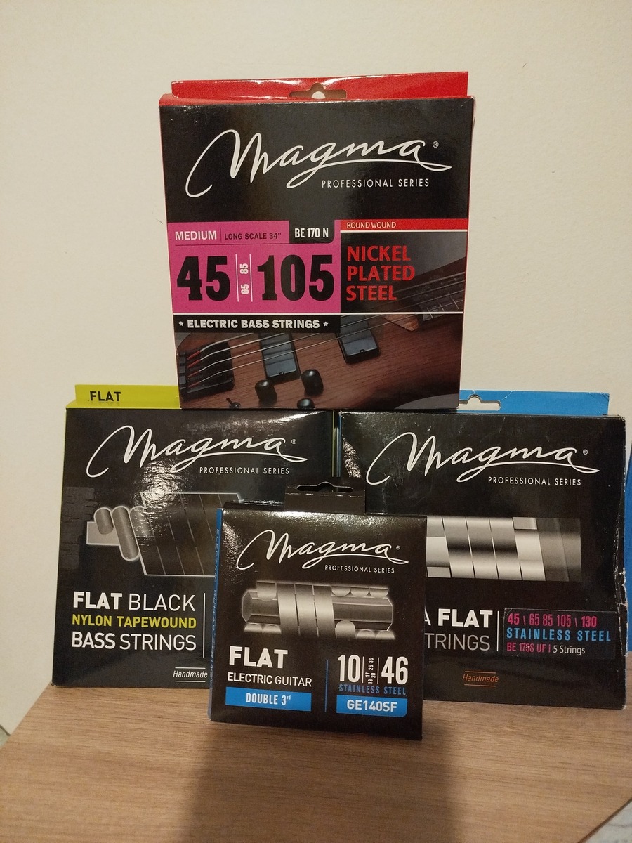 Music Gear Setup by sinner4093 featuring Magma Strings GE 140 N Nickel Plated Steel 10-46, Magma Strings Electric Bass Strings Light - Flat Black Nylon Tapewound, and Magma Strings Electric Bass Medium Nickel Plated Steel Round Wound Long Scale 34" Set, .045 - .105 and 2 more pieces of gear