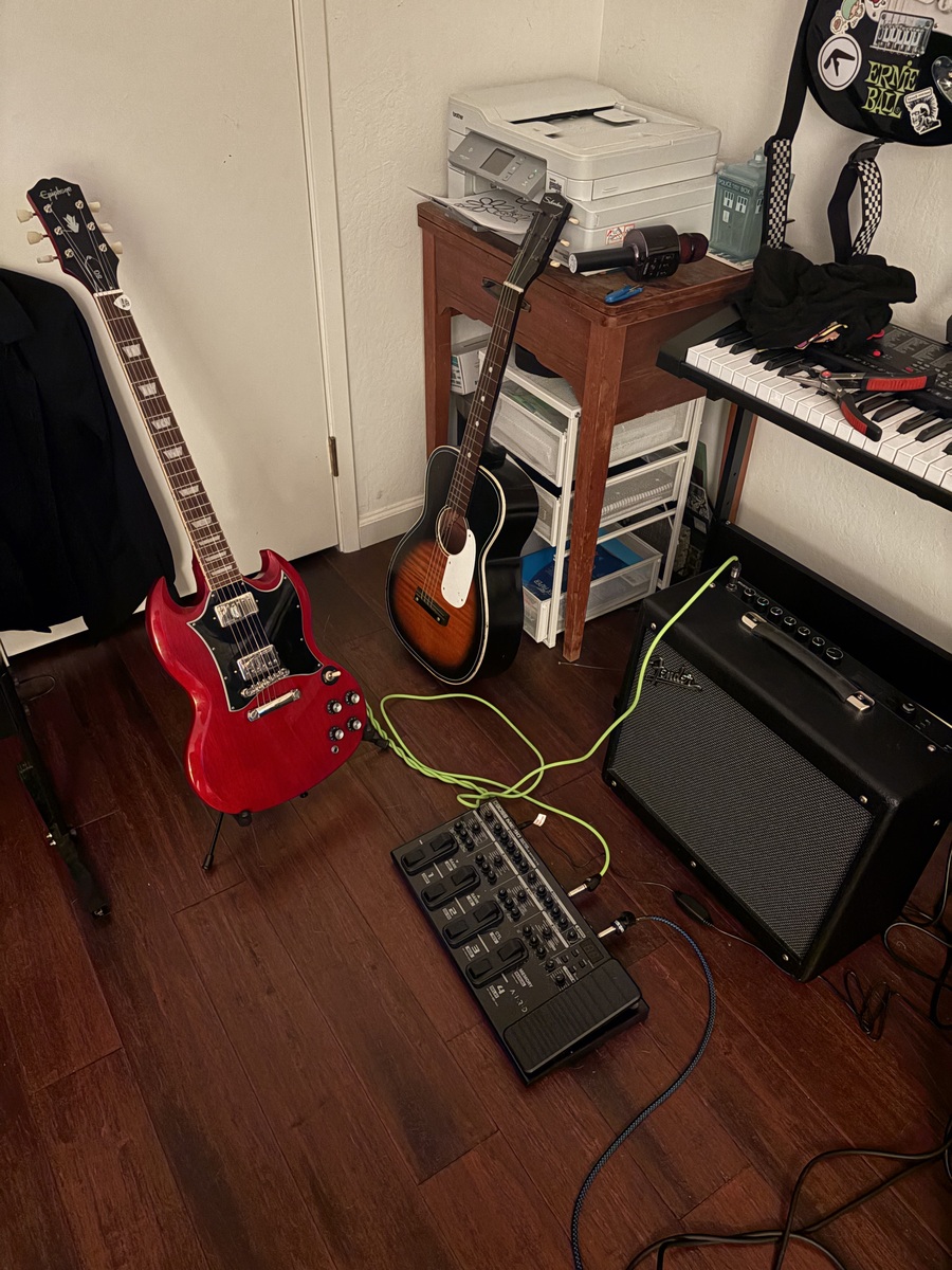 Country Pedalboard by ashleiiiiiiiii featuring Epiphone SG Standard, Fender Mustang GTX100, and Boss ME-90 Guitar Multiple Effects and 1 more piece of gear