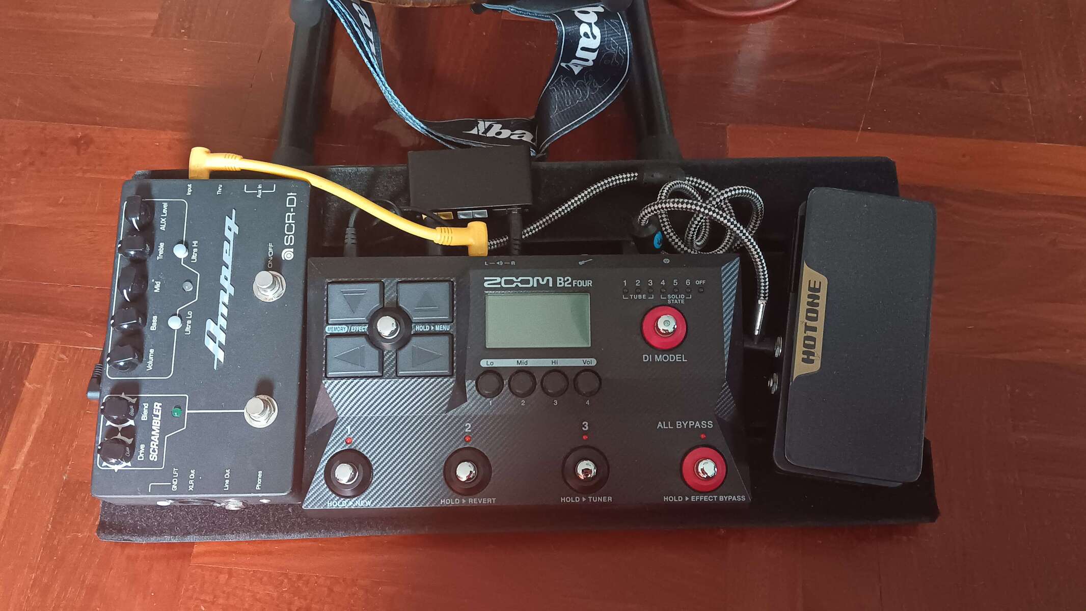 Metal Pedalboard by taan_pasitj featuring Zoom B2 Four Bass Multi-effects Processor, Ampeg SCR-DI Bass Preamp with Scrambler Overdrive, and Hotone Ampero Press