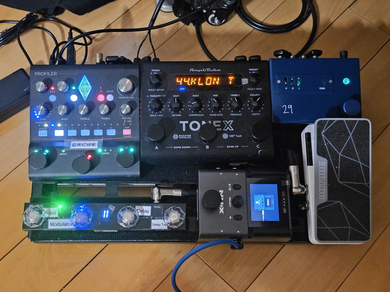 Country Pedalboard by jcellery featuring Kemper Profiler Player, IK Multimedia TONEX Pedal Amplifier/Cabinet/Pedal Modeler, and M-Vave Chocolate and 4 more pieces of gear
