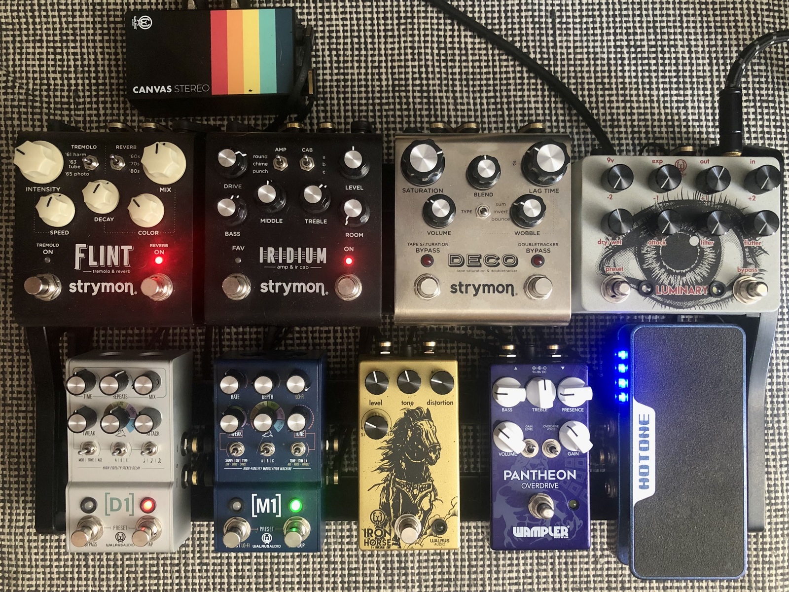 Walrus Audio Pedalboard by dimitris_stasinos featuring Walrus Audio Canvas Stereo Direct Injection Box, Strymon Iridium Amp & IR Cab, and Walrus Audio Mako Series D1 V2 and 7 more pieces of gear