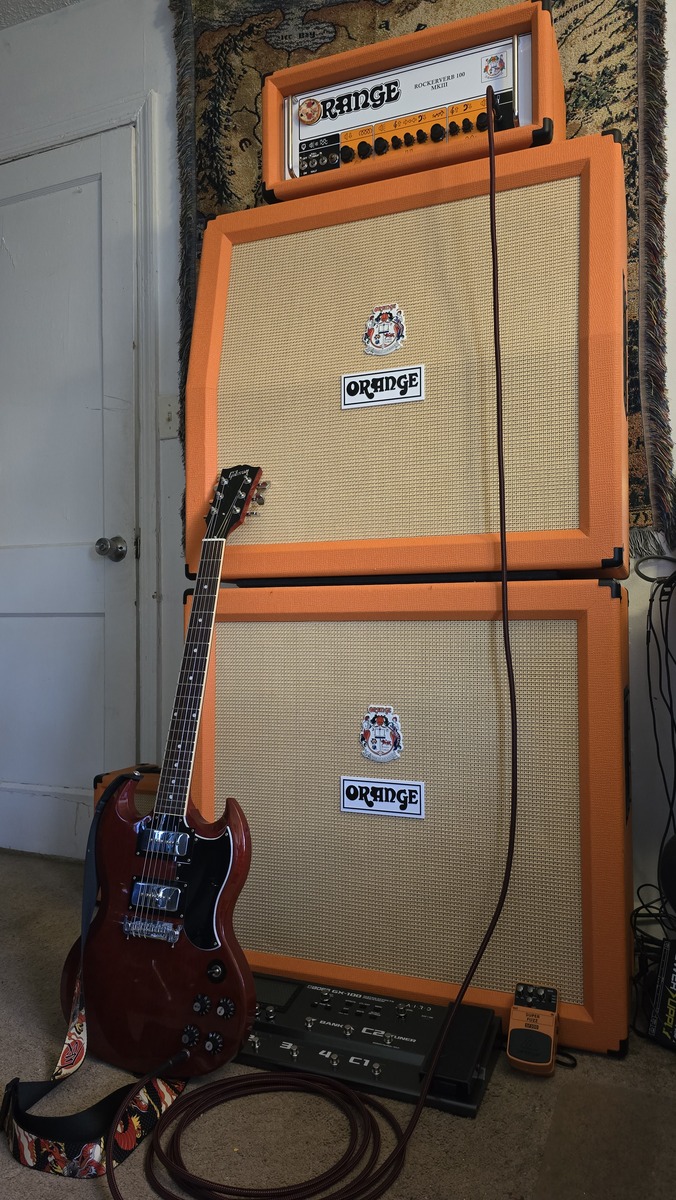 Metal Amp Rig by jerry_dubyah featuring Gibson Tony Iommi SG Special, Orange Rockerverb MKIII 100-Watt Tube Guitar Amp Head, and Orange PPC412 Guitar Speaker Cabinet