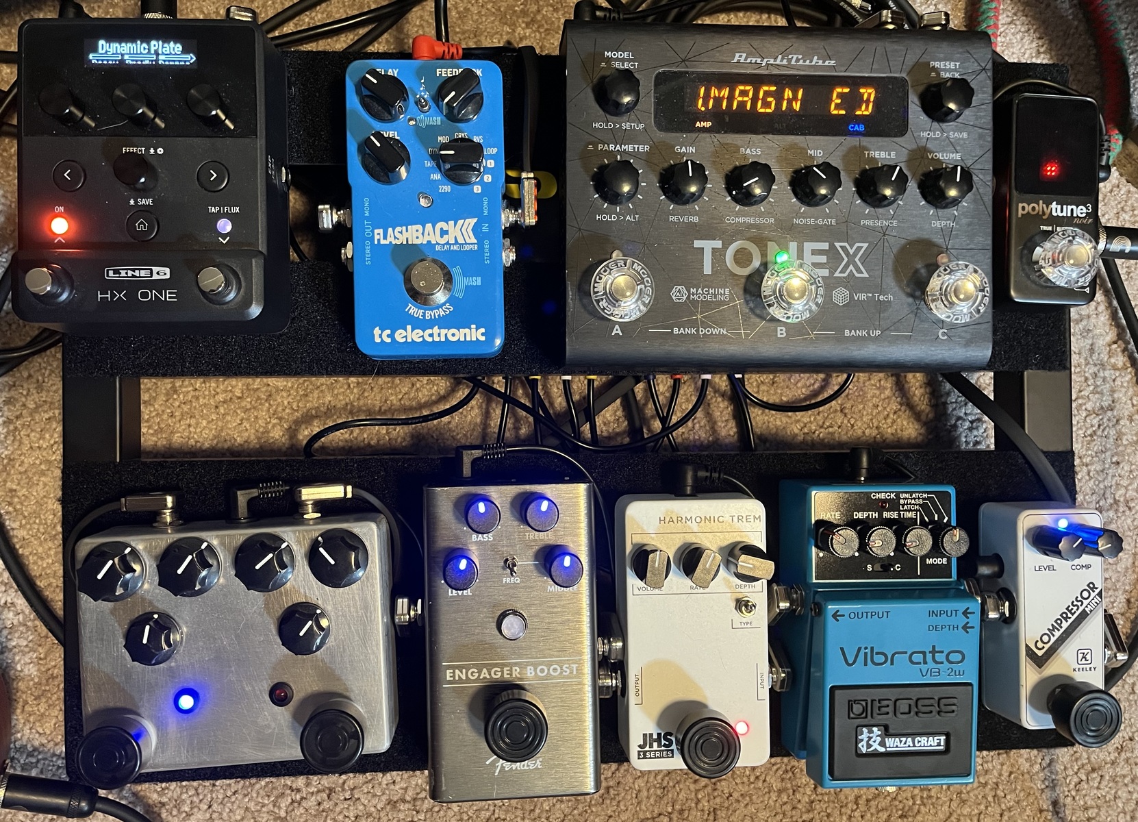 Pedalboard by timwasem featuring Fender Engager Boost, JHS 3 Series Harmonic Tremolo Pedal, and Boss VB-2W Vibrato and 5 more pieces of gear