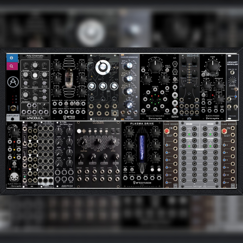 Photo of 2hp Pluck and more gear in a studio, synths, and signal chain