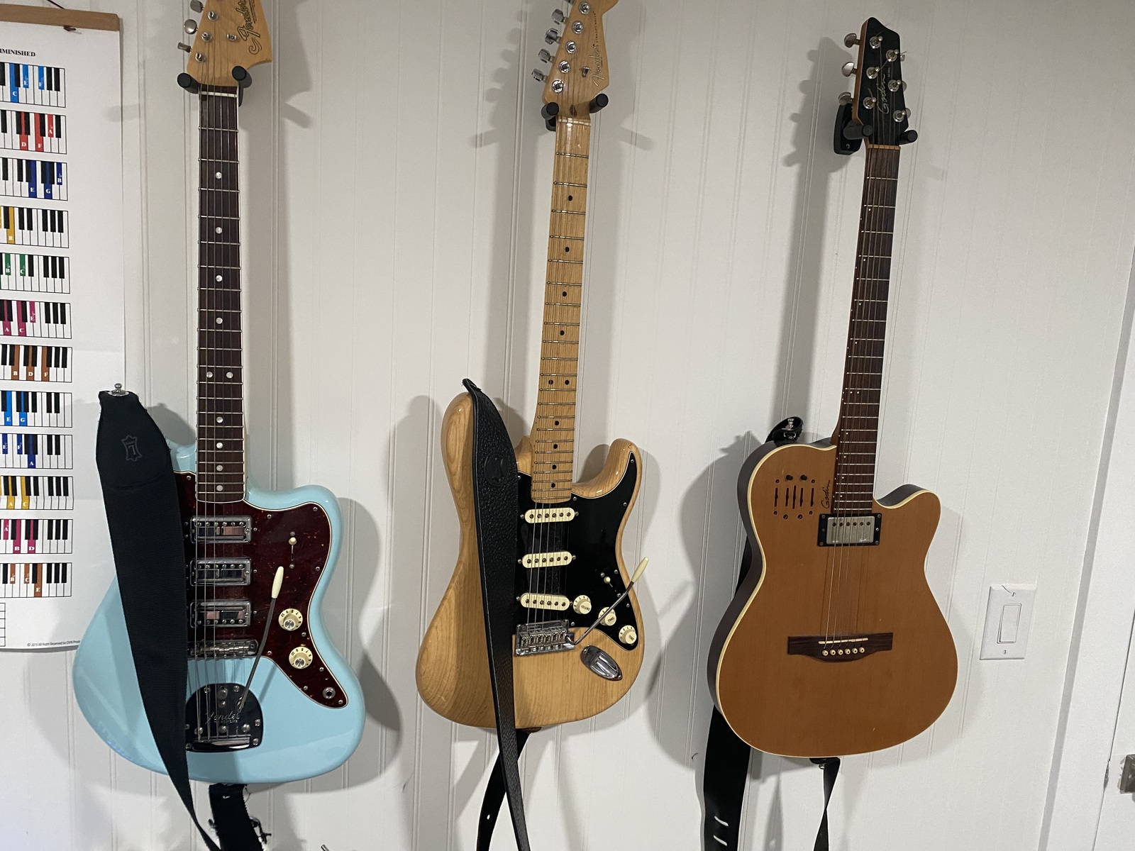 Electronic Studio Setup by sandy_ridge featuring Godin A6 Ultra, Fender Stratocaster Electric Guitar, and Fender 60th Anniversary Triple Jazzmaster