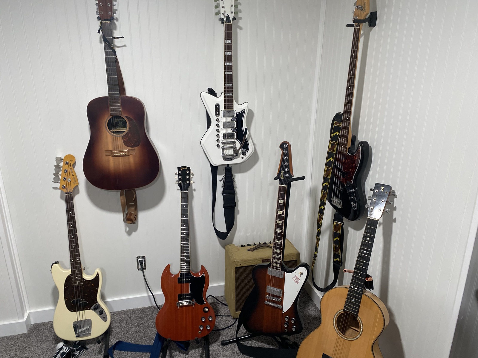 Fender Music Gear Setup by sandy_ridge featuring Gibson Firebird Electric Guitar, Gibson SG Special Electric Guitar, and Eastwood Airline '59 3P DLX and 3 more pieces of gear