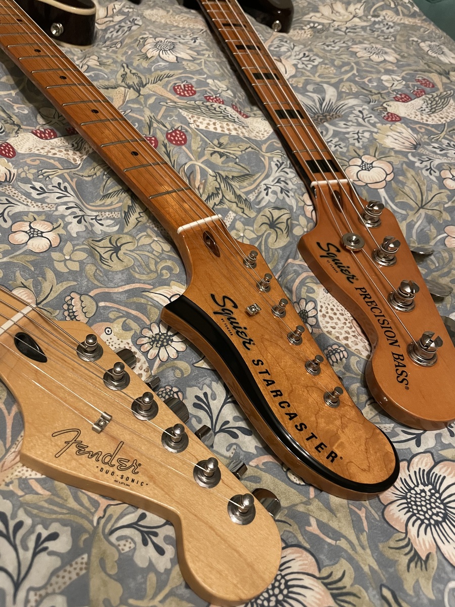 Country Music Gear Setup by hobie featuring Fender Duo-Sonic Electric Guitar, Squier Classic Vibe Starcaster, and Squier Classic Vibe '70s P Bass Guitar