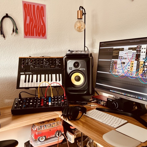 Photo of VCV Rack 2 and more gear in a studio, synths, and DAW