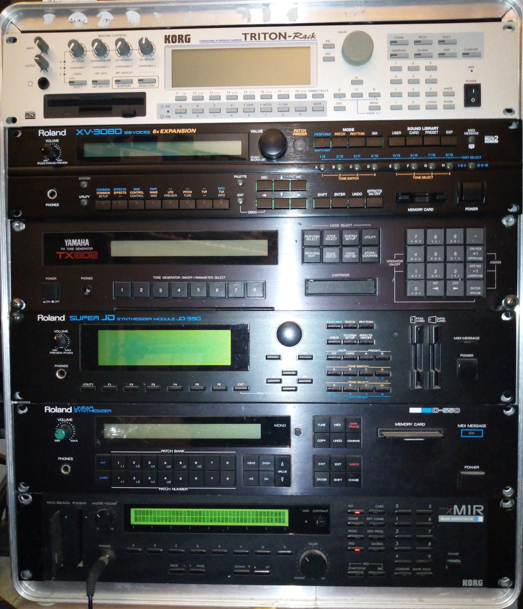 Electronic Studio Setup by dkdivedude featuring Korg Triton Rack Synthesizer, Roland XV-3080, and Yamaha TX802 and 3 more pieces of gear