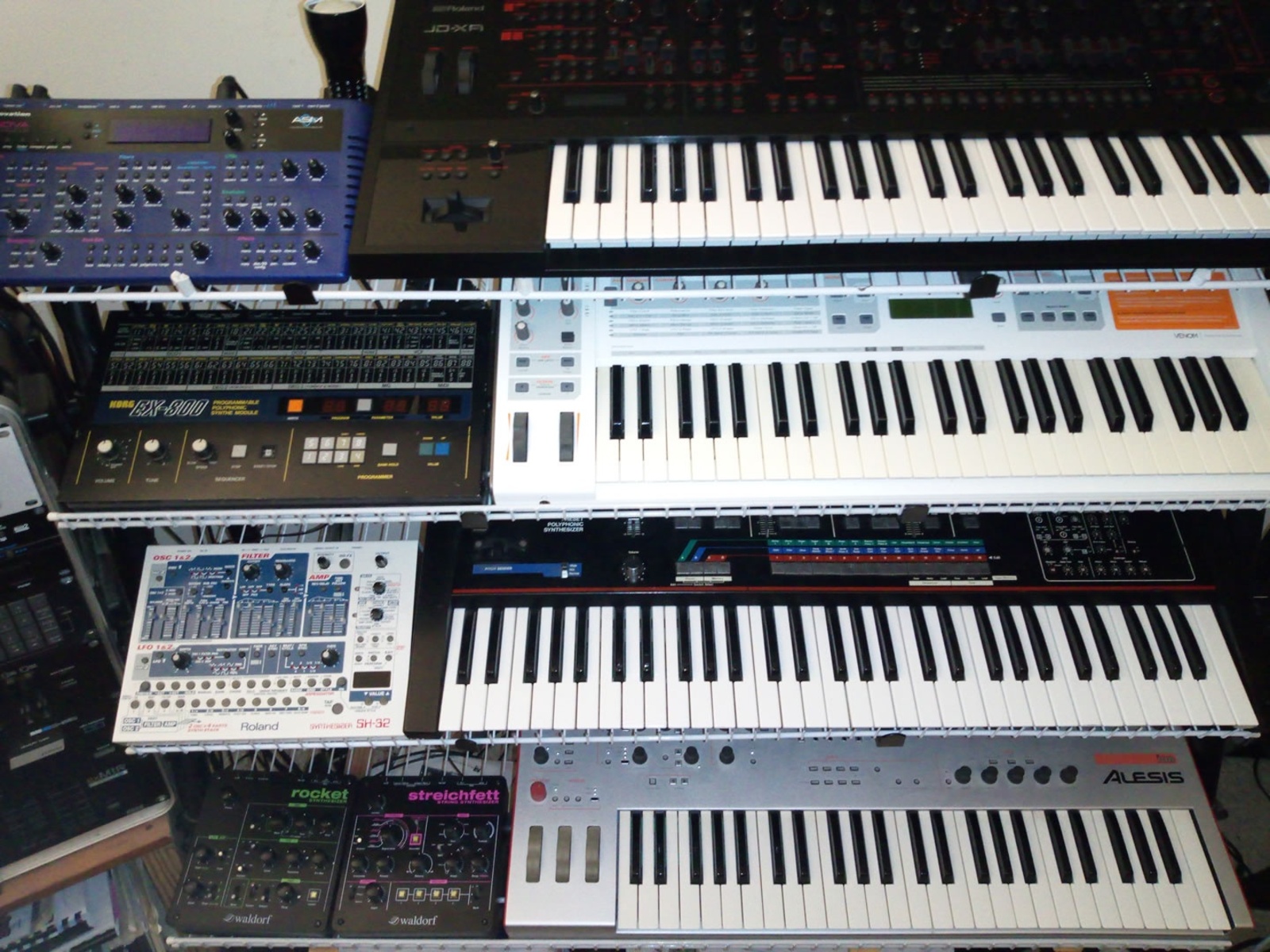 Electronic Studio Setup by dkdivedude featuring Novation SuperNova, Roland JD-XA Analog/Digital Crossover Synthesizer, and Korg EX-800 Paraphonic Rackmount Synth and 6 more pieces of gear