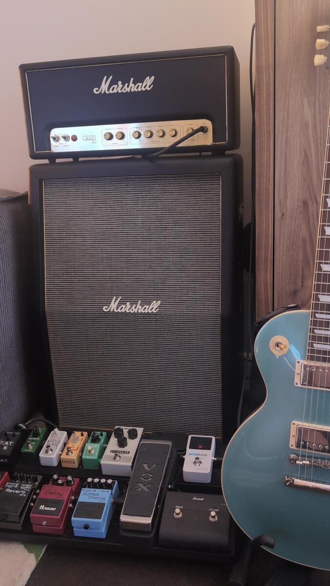 Metal Pedalboard by therapy_question_mark featuring Marshall Origin 20H, Marshall ORI212A Origin 2x12 Vertical Angled Speaker Cab, and Gibson Les Paul Standard '50s Plain Top Electric Guitar and 13 more pieces of gear