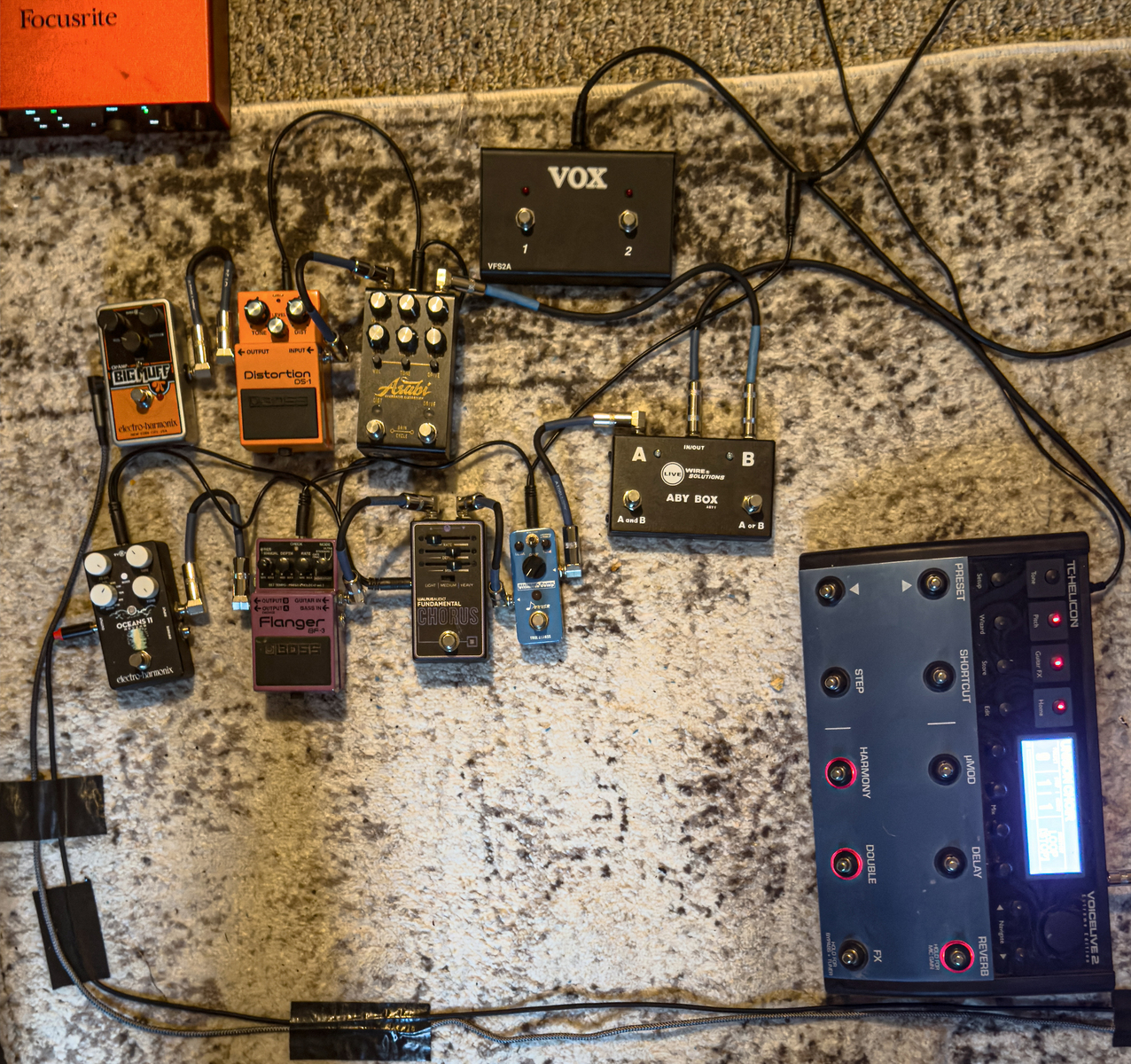 Pedalboard by izzyizix featuring TC Helicon VoiceLive 2 Floor-Based Vocal Processor, Livewire ABY Box ABY1, and Donner Ultimate Comp and 8 more pieces of gear