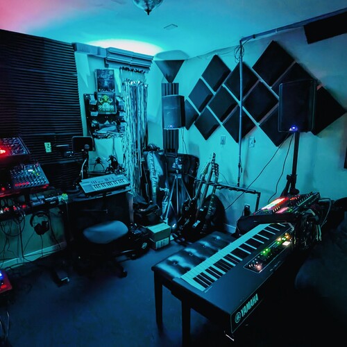 Photo of AKG D8000M and more gear in a studio, synths, and signal chain