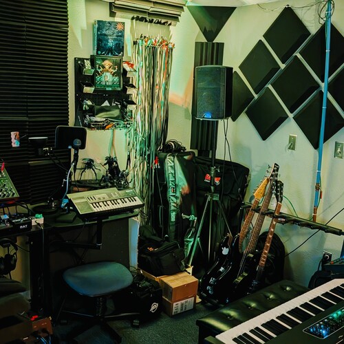 Photo of AKG D8000M and more gear in a studio, synths, and signal chain