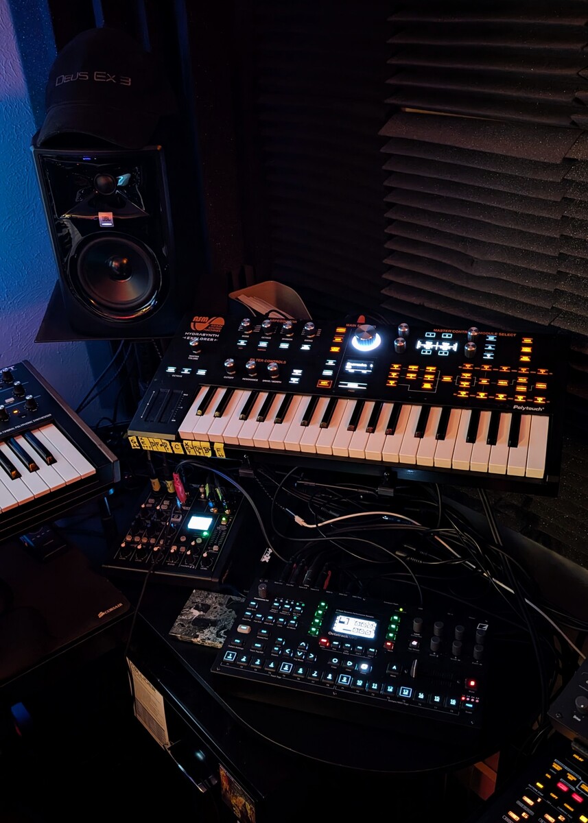 Electronic Studio Setup by freezeetch featuring Novation Summit, JBL 305P MkII Powered 5" Two-Way Studio Monitor, and ASM Hydrasynth Explorer and 3 more pieces of gear