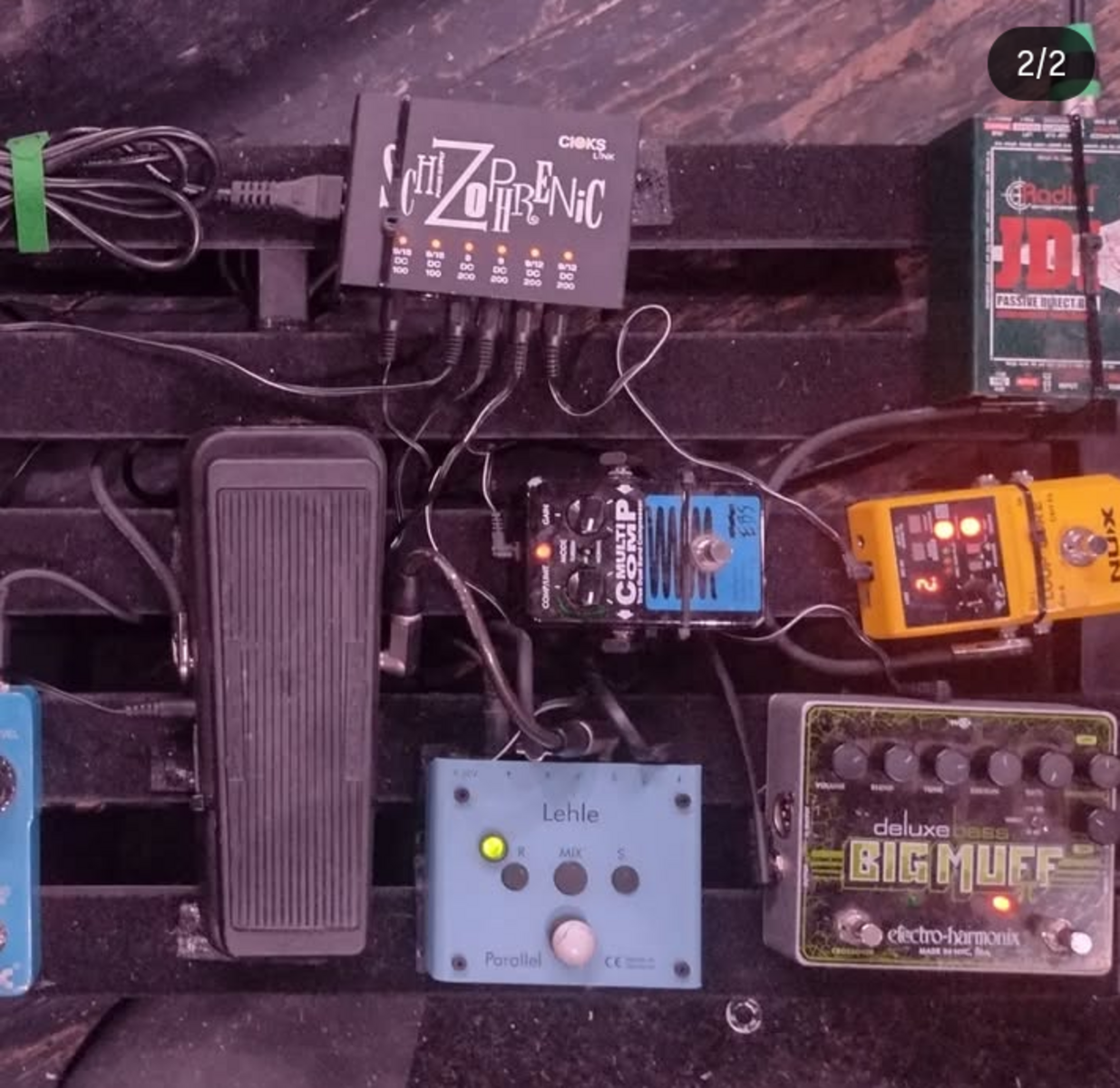 Metal Pedalboard by andreas_voland featuring Electro-Harmonix Deluxe Bass Big Muff Pi Fuzz, Cioks Schizophrenic, and EBS MultiComp True Dual Band Compressor Pedal and 1 more piece of gear