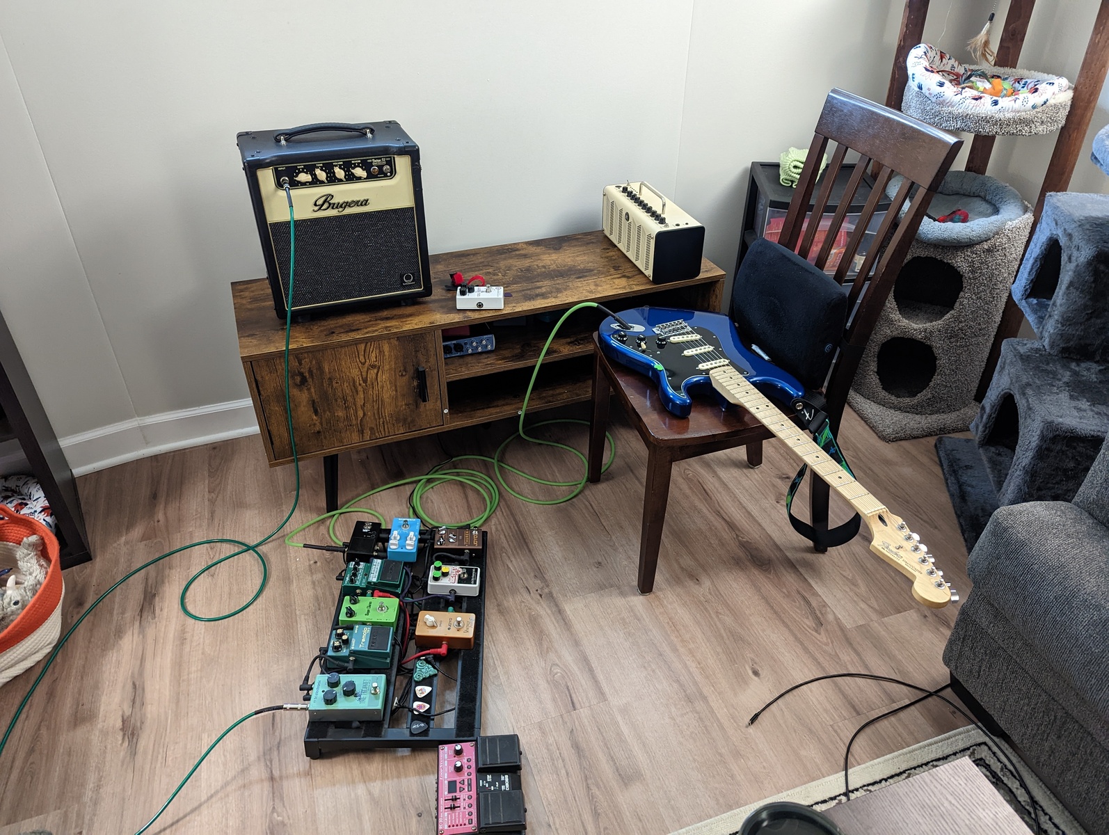Pedalboard by fleetwood_crack featuring Fender Stratocaster Electric Guitar, Bugera V5 Infinium 5W 1x8 All Tube Guitar Combo Amp, and Boss RC-30 Loop Station and 9 more pieces of gear