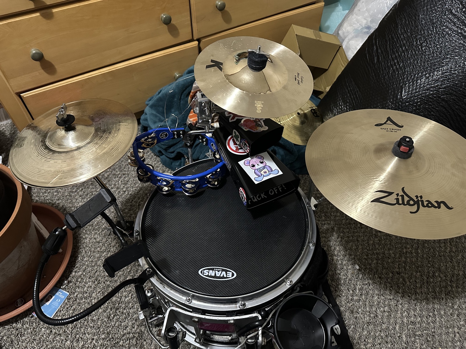 Jazz Drum Kit by tinkerdrummer featuring Mapex Quantum Mark II Classic Marching Snare Drum - 14 inches x 12 inches, Gloss Black, Zildjian 14 inch A Zildjian Fast Crash Cymbal, and Zildjian 9" K Custom Hybrid Splash and 4 more pieces of gear
