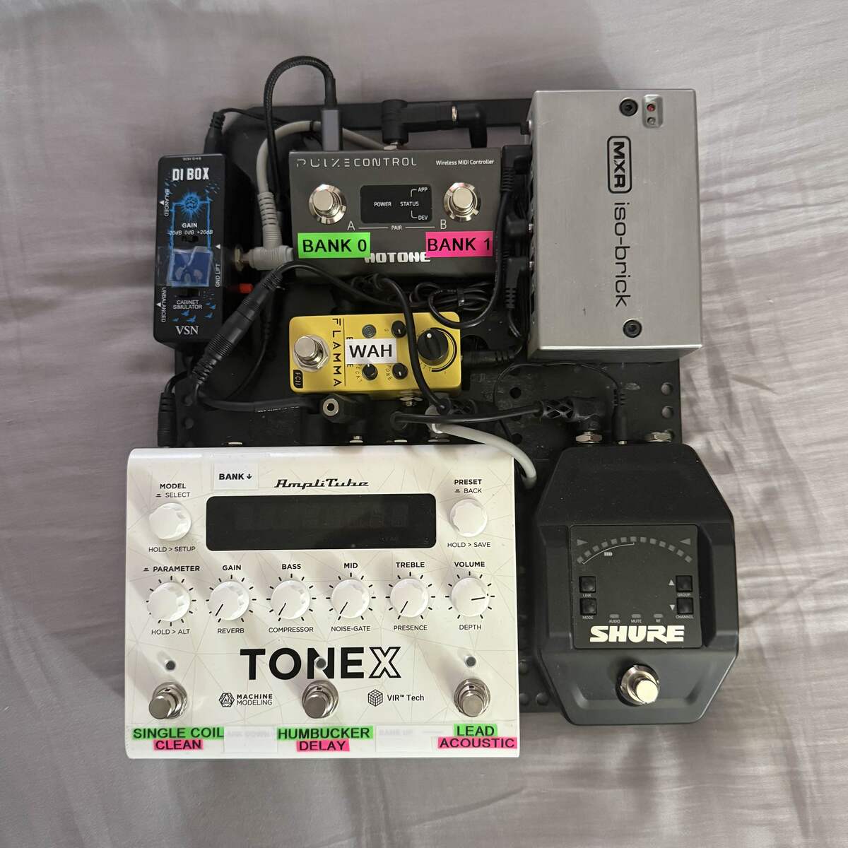 Metal Pedalboard by pmk featuring IK Multimedia TONEX Pedal Amplifier/Cabinet/Pedal Modeler, Shure GLXD16+ Digital Wireless Guitar Pedal System, and Flamma FC11 Envelope and 1 more piece of gear