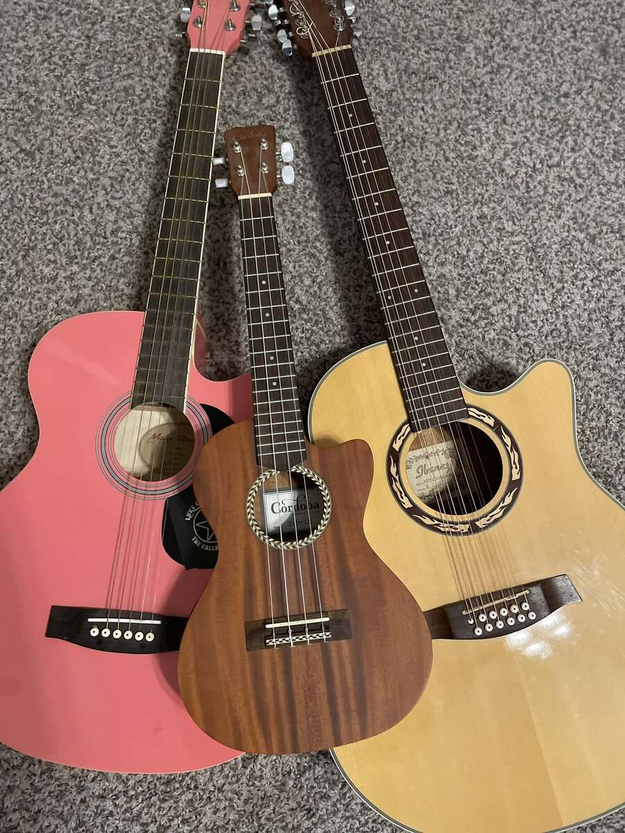 Studio Setup by devin_ian_schramm featuring Main Street MAS38BK Acoustic Guitar, 2019 Cordoba 15CM Concert Ukelele (Natural), and Ibanez AEG1812II-DVG 12-String Acoustic-Electric Guitar