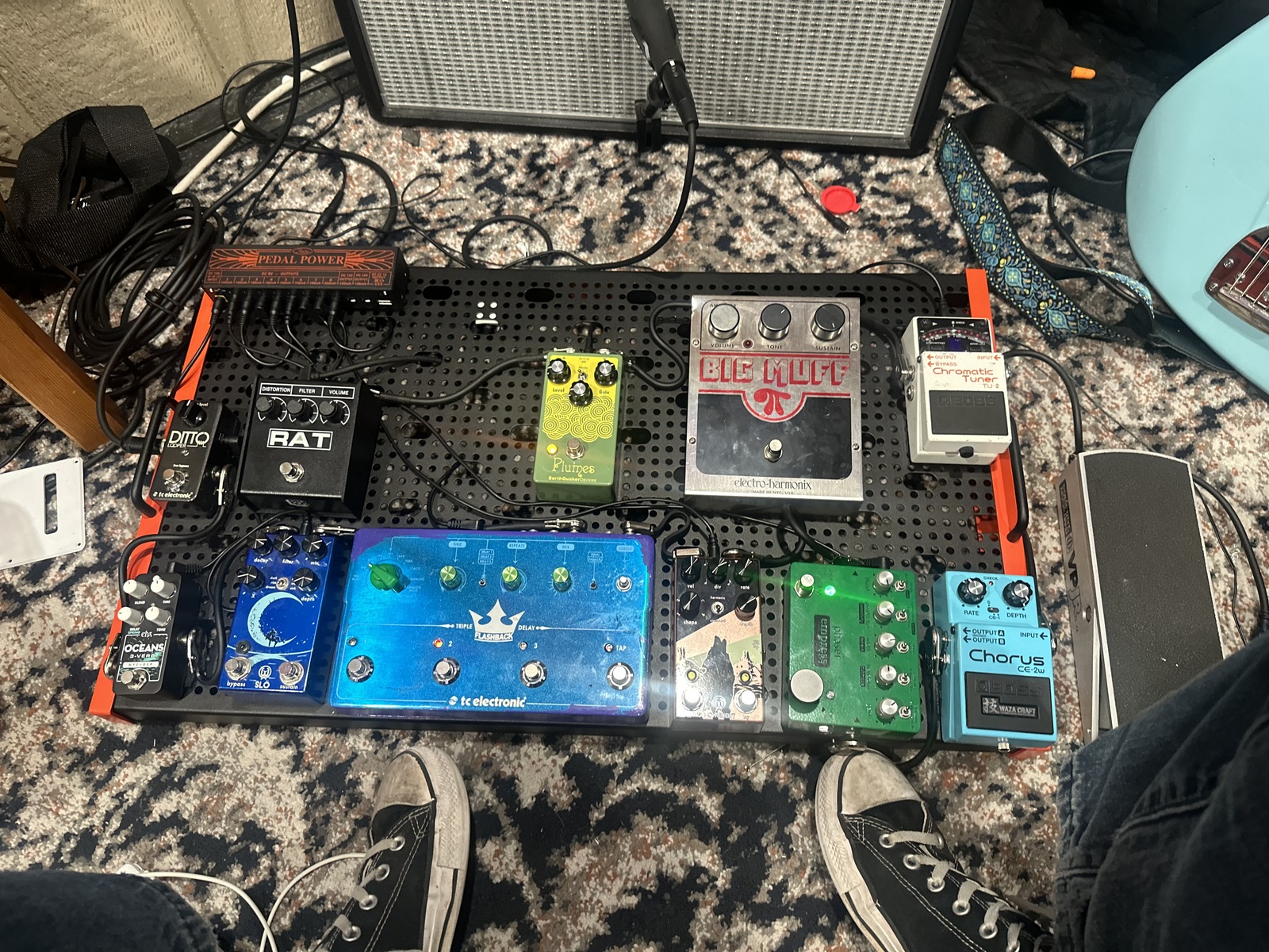 Pedalboard by jackwilliam featuring EarthQuaker Devices Plumes, Electro-Harmonix Big Muff Pi, and Empress Effects Phaser Pedal and 10 more pieces of gear