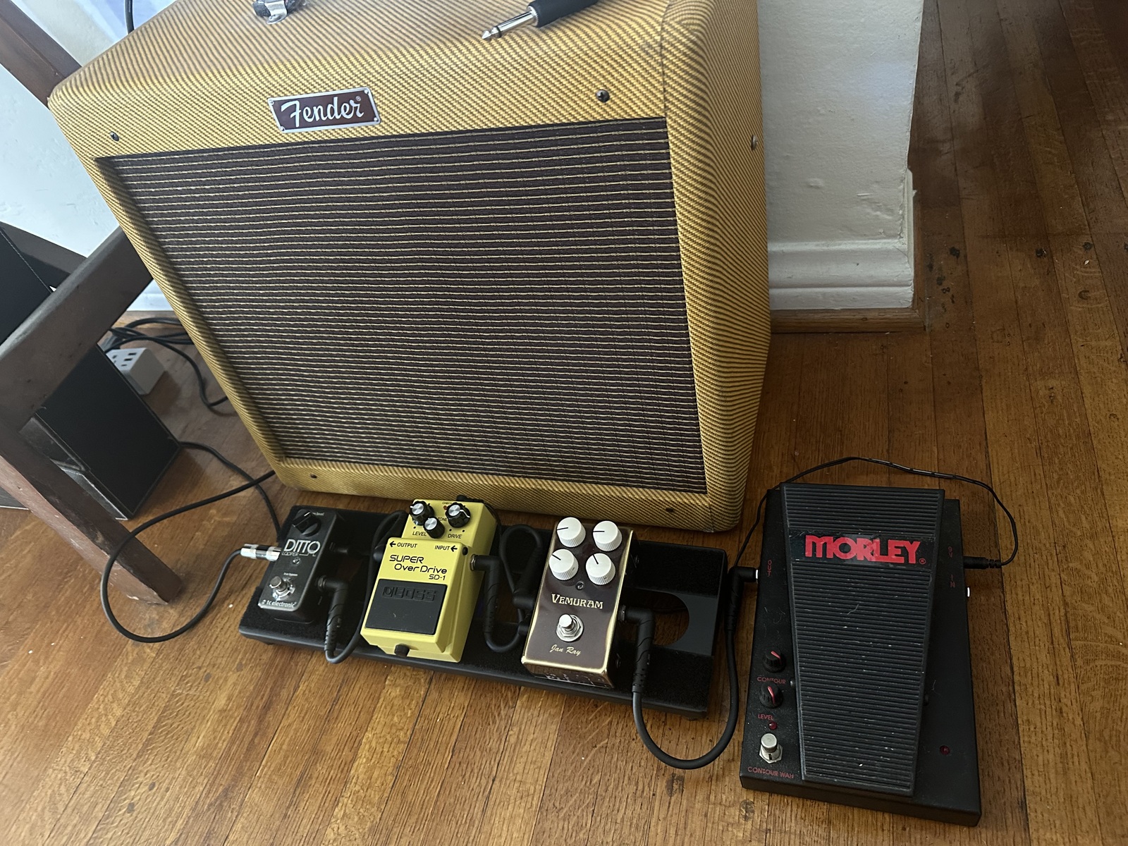 Metal Pedalboard by edgedancer featuring Fender Blues Junior - Lacquered Tweed, Morley Steve Vai Bad Horsie 2 Contour Wah Pedal, and Vemuram Jan Ray and 2 more pieces of gear