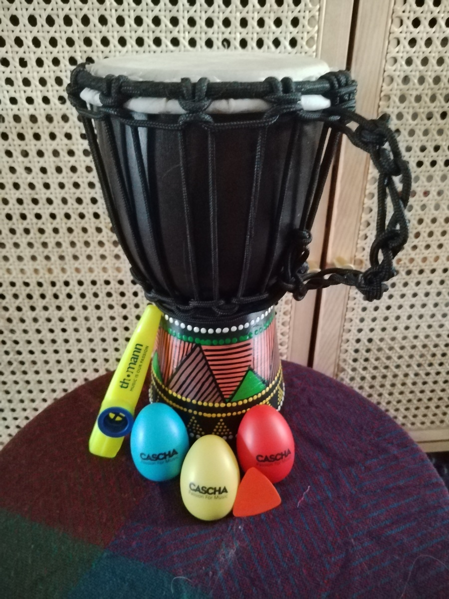 Thomann Drum Kit by akeseraine featuring Thomann BN14 Djembe, Thomann Kazoo Neon Green, and Dunlop Tortex Triangle Guitar Picks 0.60mm and 1 more piece of gear