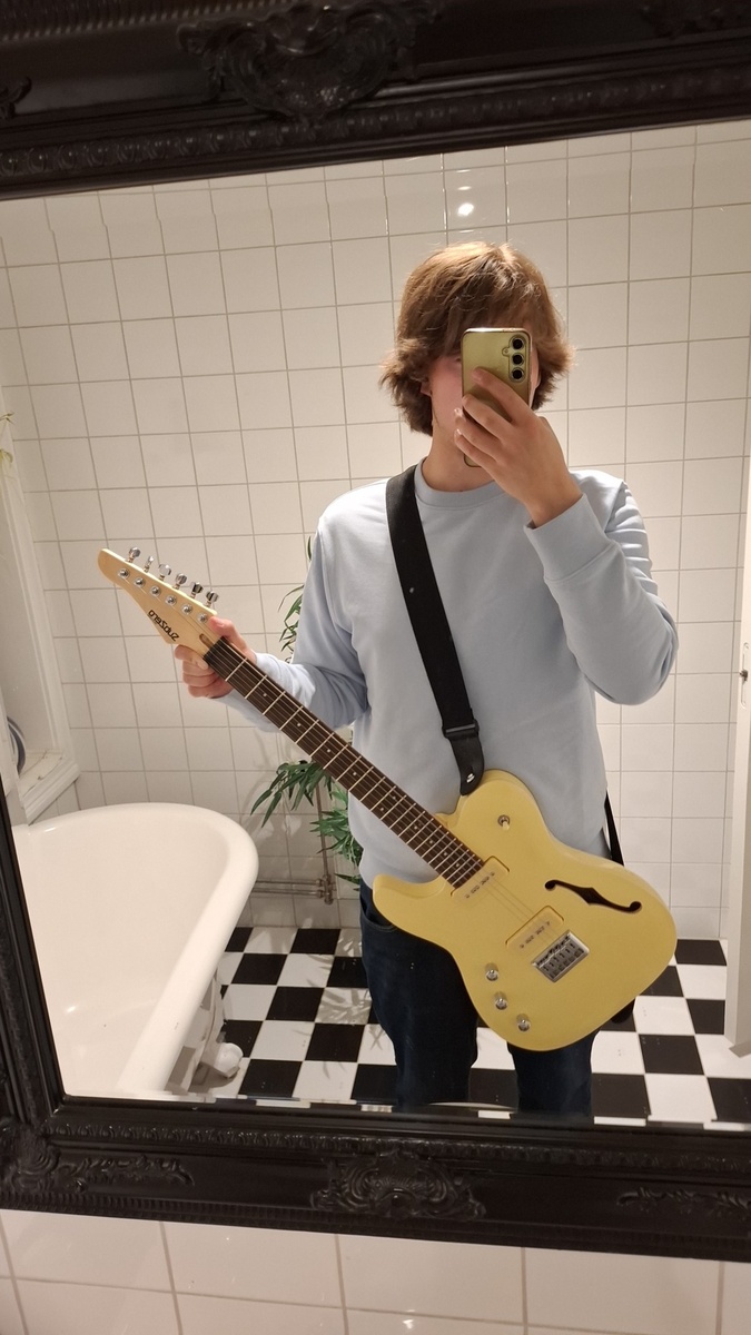 Studio Setup by lars_gustav_larsson featuring Sub Zero Paradigm Semi-Hollow Electric Guitar, Profile SN-BK Poly Guitar Strap Black, and Samsung Galaxy A55 56