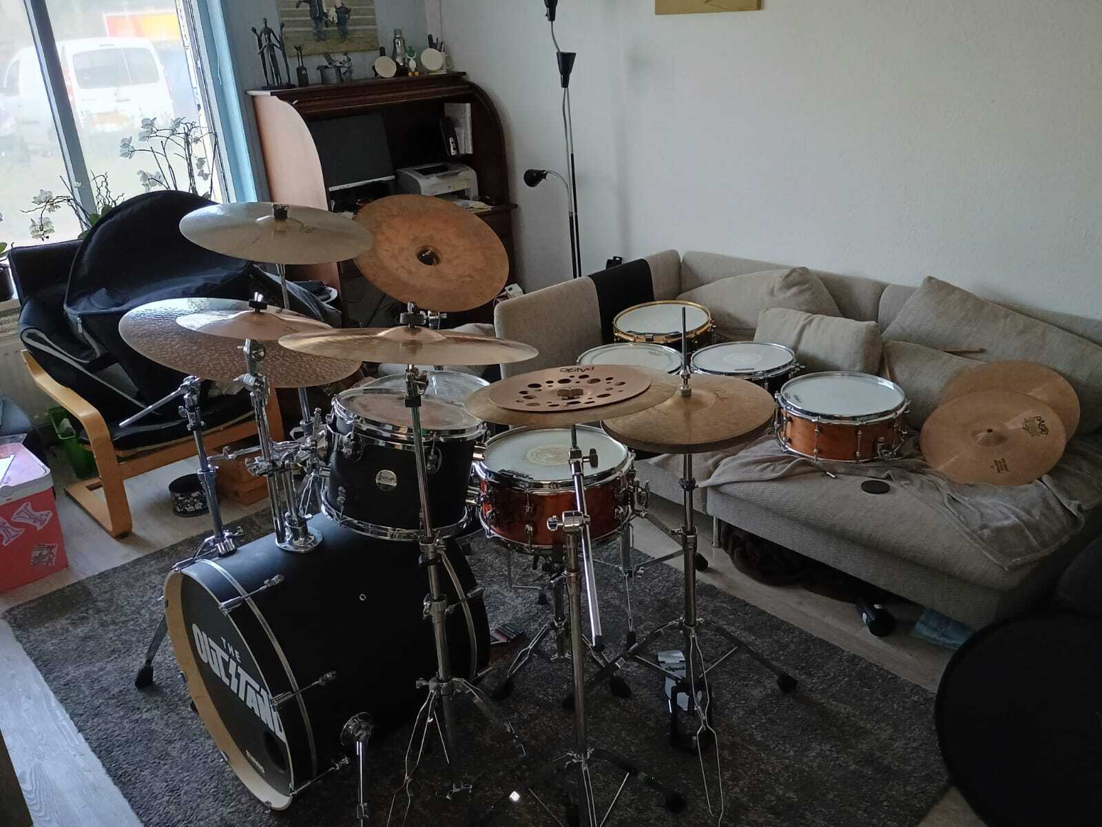 Drum Kit by custum featuring DW PDP CM5 Standard Satin Black, DW 5000AD4 Bass Drum Pedal, and Mapex Black Panther Shadow Snare Drum - 6.5 x 14-inch and 3 more pieces of gear